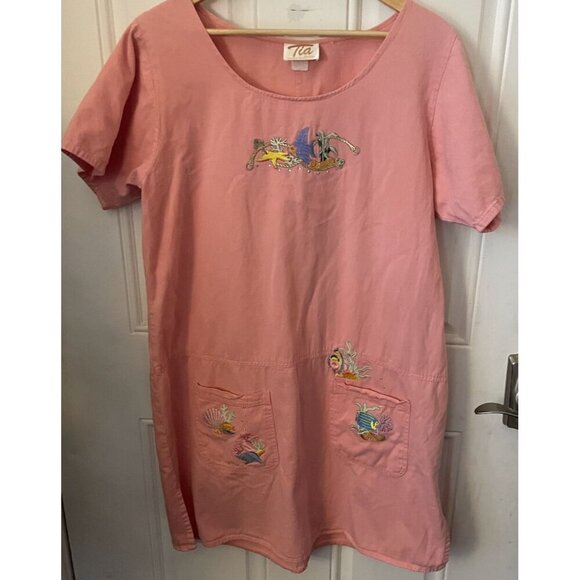Tia Designs Dresses & Skirts - VintageTia Designs Dress Womens Sz L Pink Cotton Embroidered Fish Wearable Art